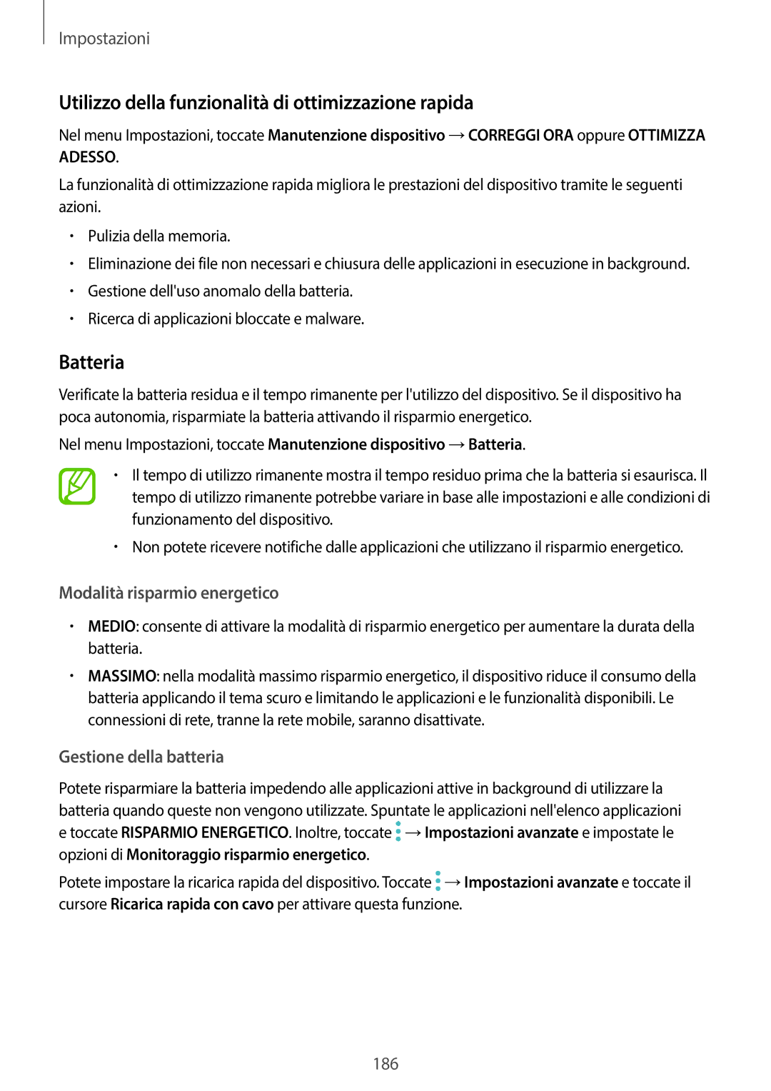 Samsung SM-G955FZSAITV manual Utilizzo della funzionalità di ottimizzazione rapida, Batteria, Modalità risparmio energetico 