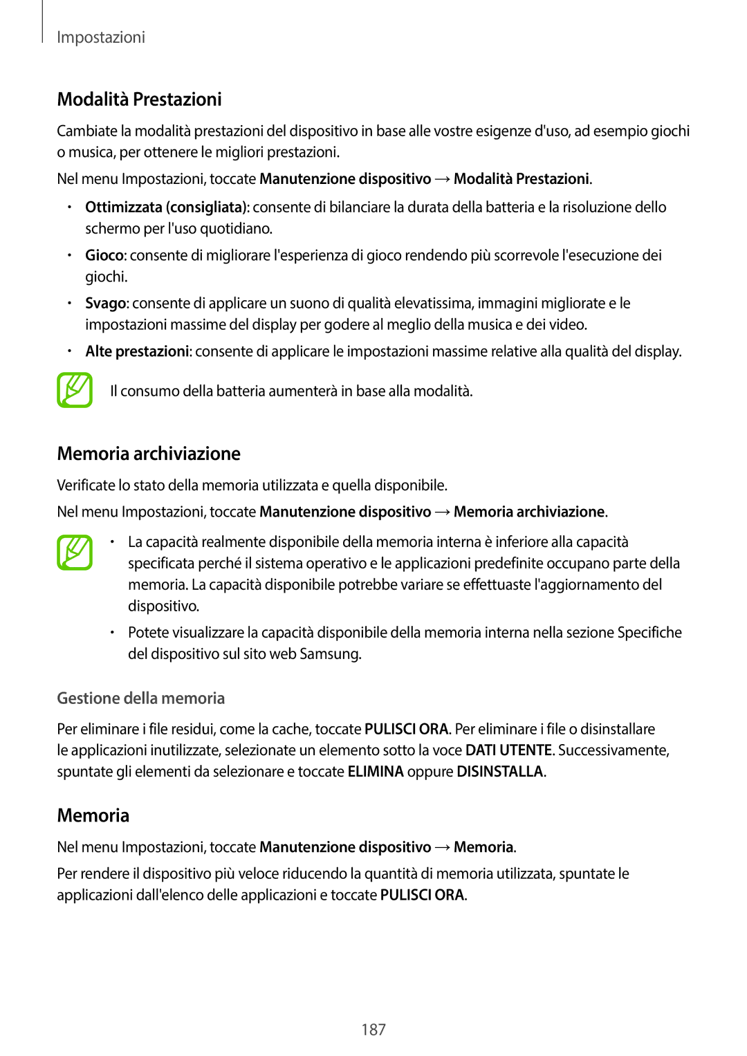 Samsung SM-G955FZVAITV, SM-G955FZSAITV, SM-G950FZSAITV Modalità Prestazioni, Memoria archiviazione, Gestione della memoria 