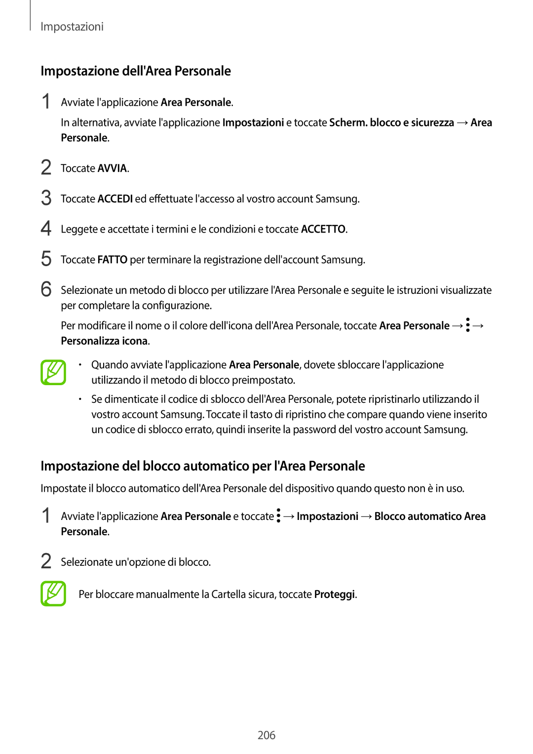 Samsung SM-G950FZSAITV manual Impostazione dellArea Personale, Impostazione del blocco automatico per lArea Personale 