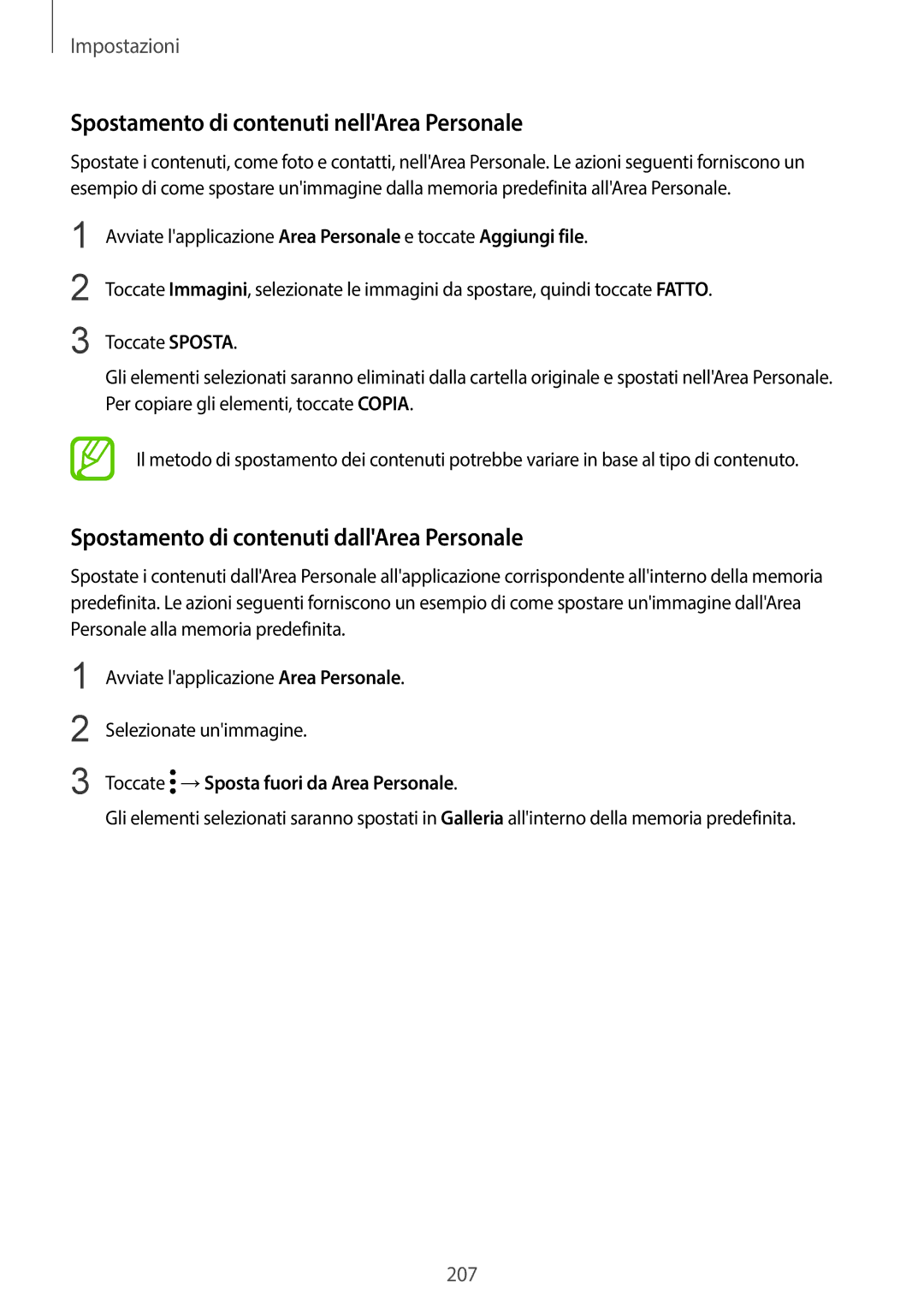 Samsung SM-G950FZKAITV manual Spostamento di contenuti nellArea Personale, Spostamento di contenuti dallArea Personale 