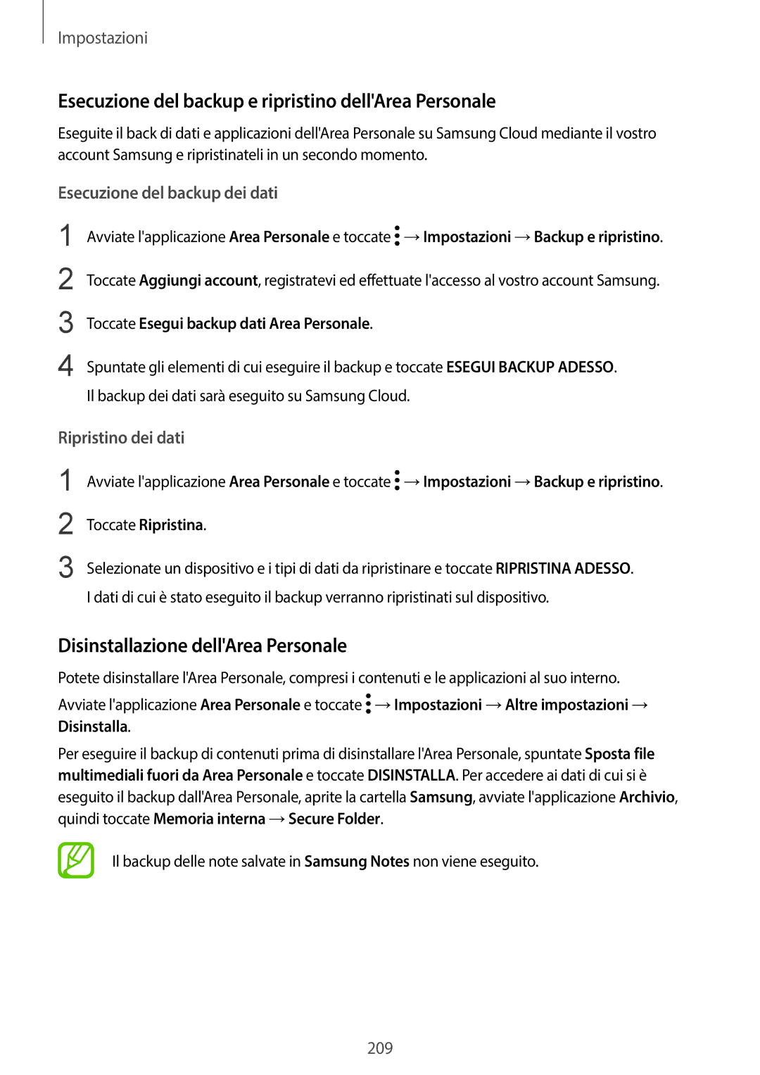 Samsung SM-G950FZVAITV manual Esecuzione del backup e ripristino dellArea Personale, Disinstallazione dellArea Personale 