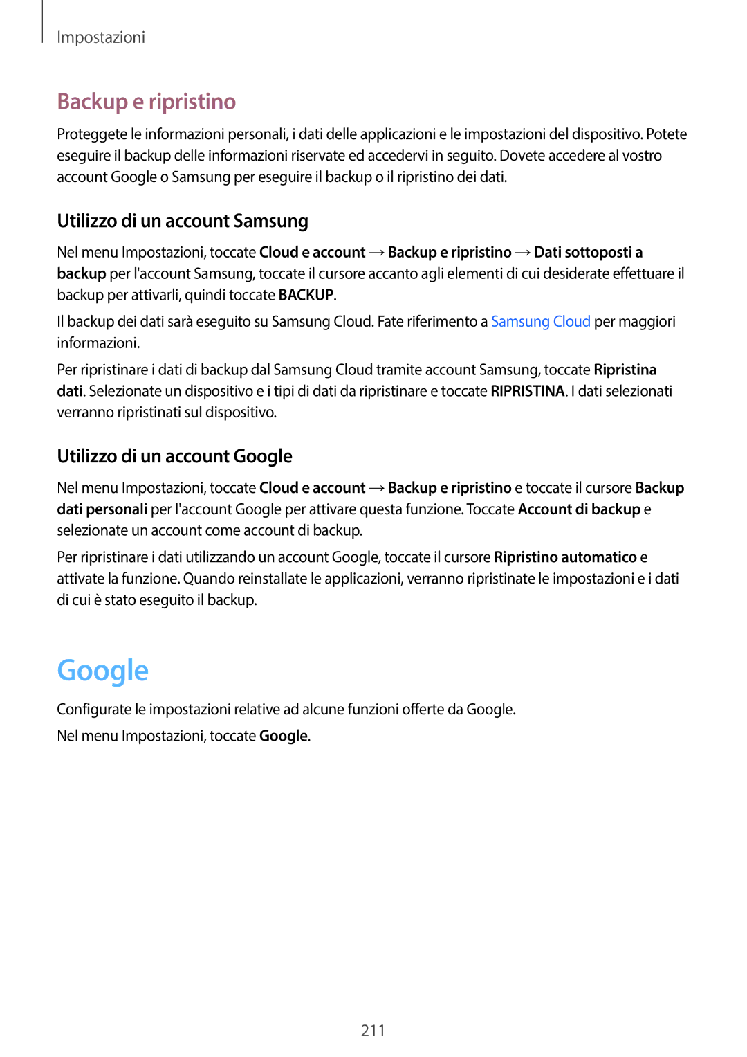 Samsung SM-G955FZVAITV manual Backup e ripristino, Utilizzo di un account Samsung, Utilizzo di un account Google 