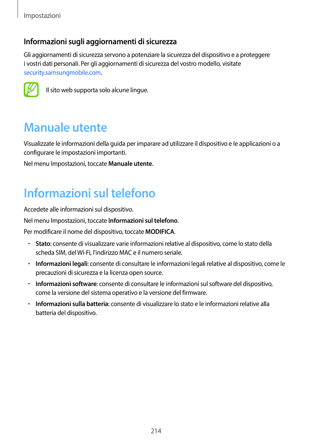 Samsung SM-G955FZKAITV manual Manuale utente, Informazioni sul telefono, Informazioni sugli aggiornamenti di sicurezza 