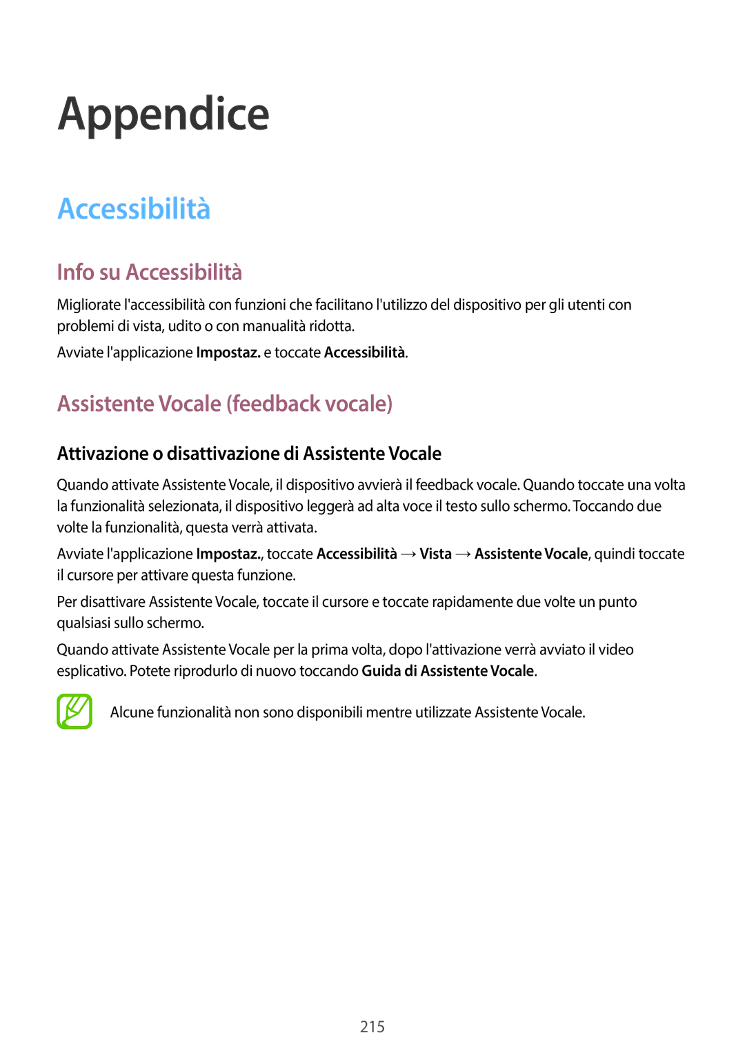 Samsung SM-G950FZVAITV, SM-G955FZSAITV, SM-G955FZVAITV manual Info su Accessibilità, Assistente Vocale feedback vocale 