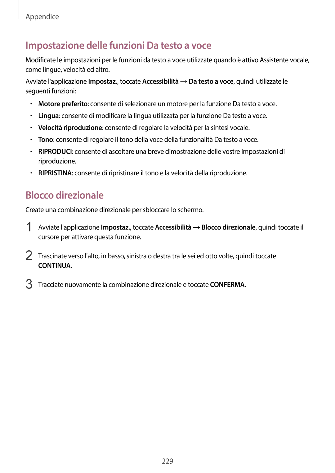 Samsung SM-G955FZVAITV, SM-G955FZSAITV, SM-G950FZSAITV manual Impostazione delle funzioni Da testo a voce, Blocco direzionale 