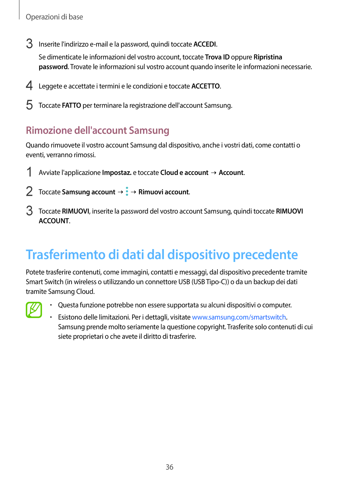 Samsung SM-G955FZSAITV manual Trasferimento di dati dal dispositivo precedente, Toccate Samsung account → →Rimuovi account 