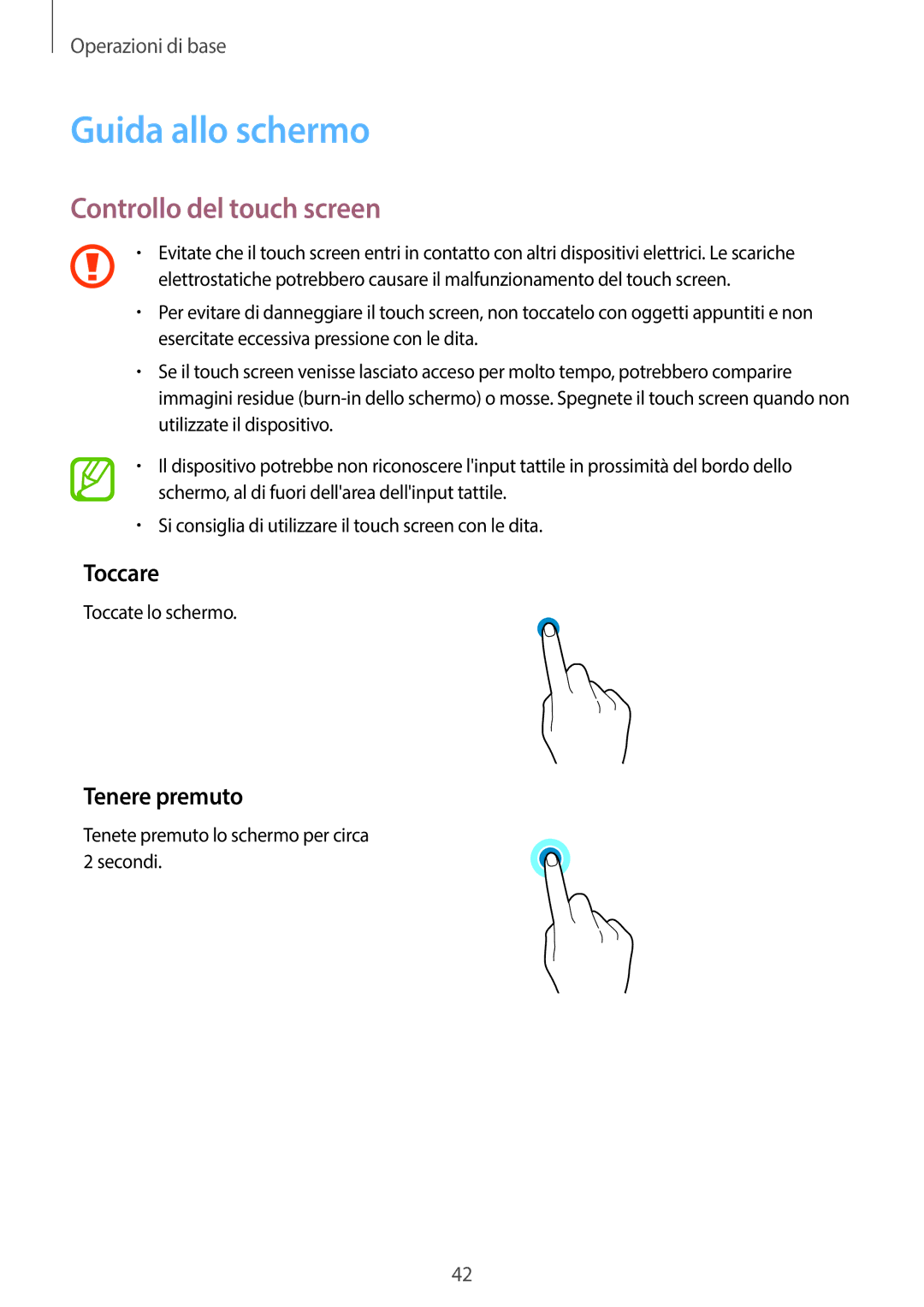 Samsung SM-G955FZSAITV, SM-G955FZVAITV manual Guida allo schermo, Controllo del touch screen, Toccare, Tenere premuto 