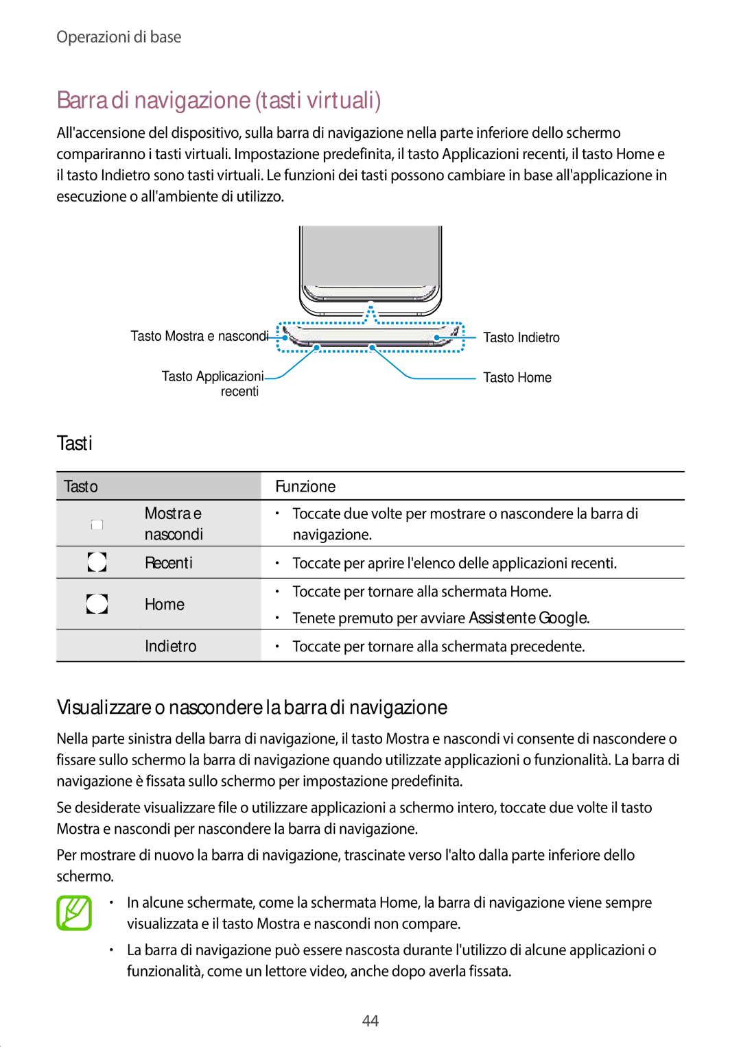 Samsung SM-G950FZSAITV manual Barra di navigazione tasti virtuali, Tasti, Visualizzare o nascondere la barra di navigazione 