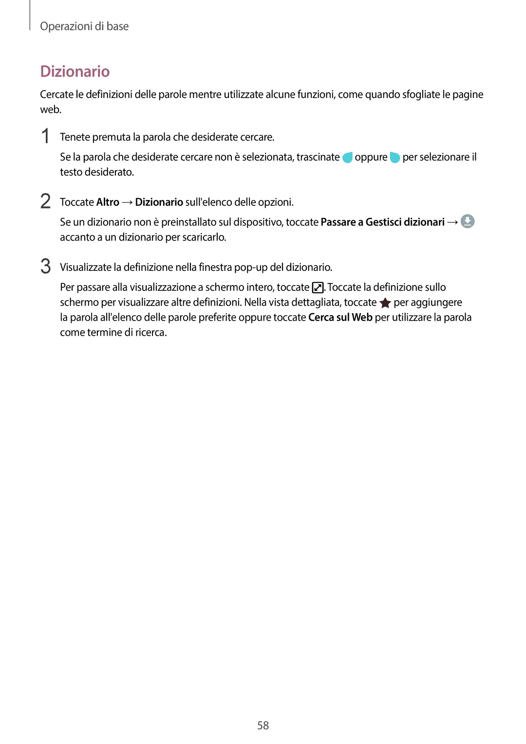 Samsung SM-G955FZKAITV, SM-G955FZSAITV, SM-G955FZVAITV, SM-G950FZSAITV, SM-G950FZKAITV, SM-G950FZVAITV manual Dizionario 