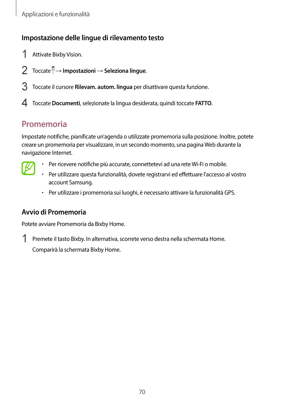 Samsung SM-G955FZKAITV, SM-G955FZSAITV manual Impostazione delle lingue di rilevamento testo, Avvio di Promemoria 