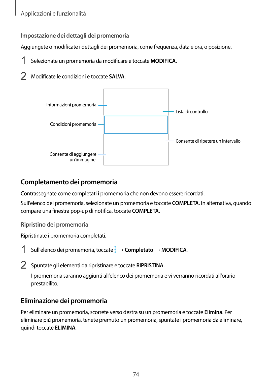 Samsung SM-G950FZSAITV Completamento dei promemoria, Eliminazione dei promemoria, Impostazione dei dettagli dei promemoria 