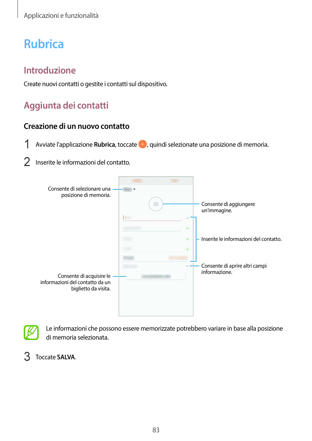 Samsung SM-G950FZVAITV, SM-G955FZSAITV, SM-G955FZVAITV manual Rubrica, Aggiunta dei contatti, Creazione di un nuovo contatto 