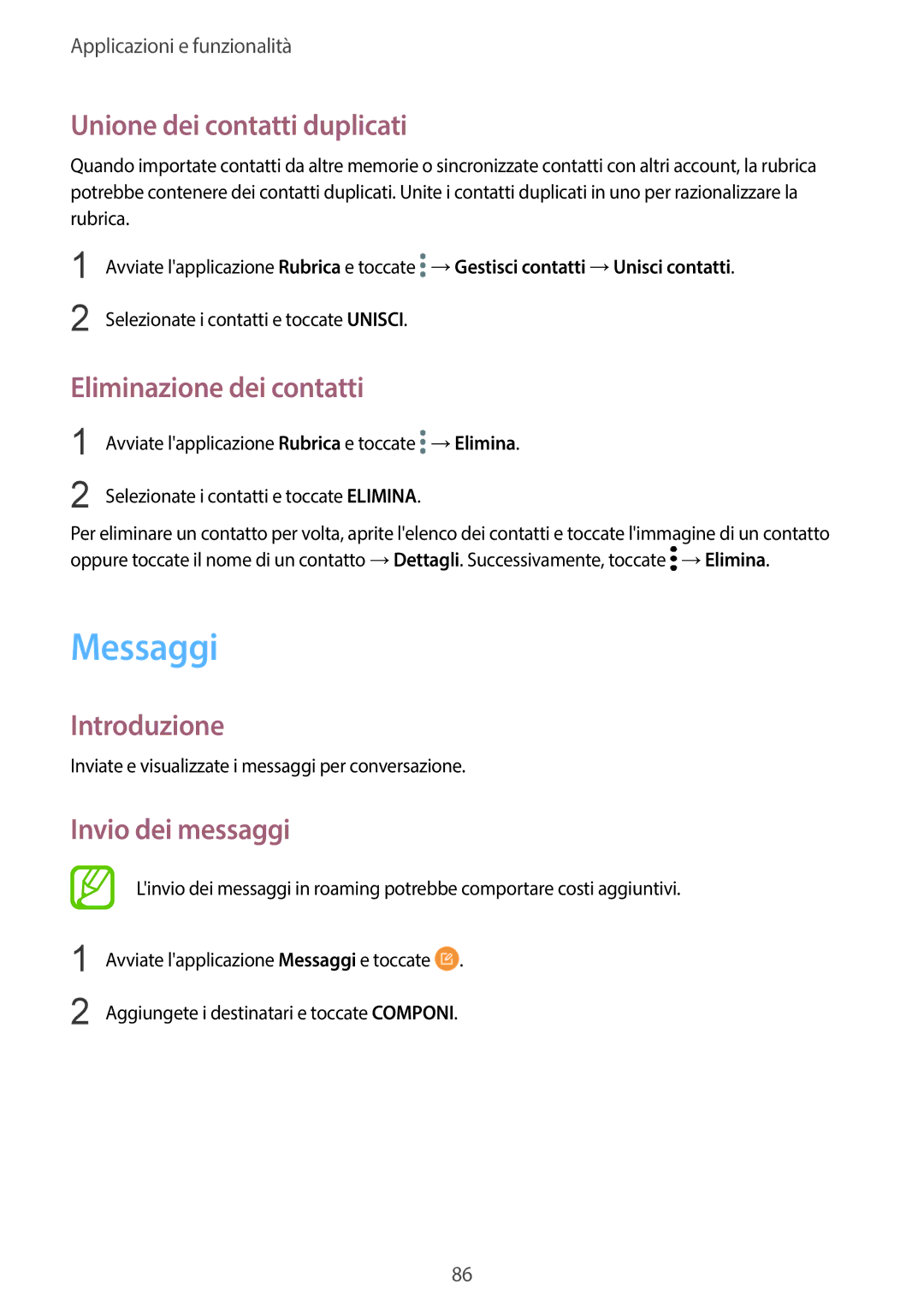 Samsung SM-G950FZSAITV manual Messaggi, Unione dei contatti duplicati, Eliminazione dei contatti, Invio dei messaggi 