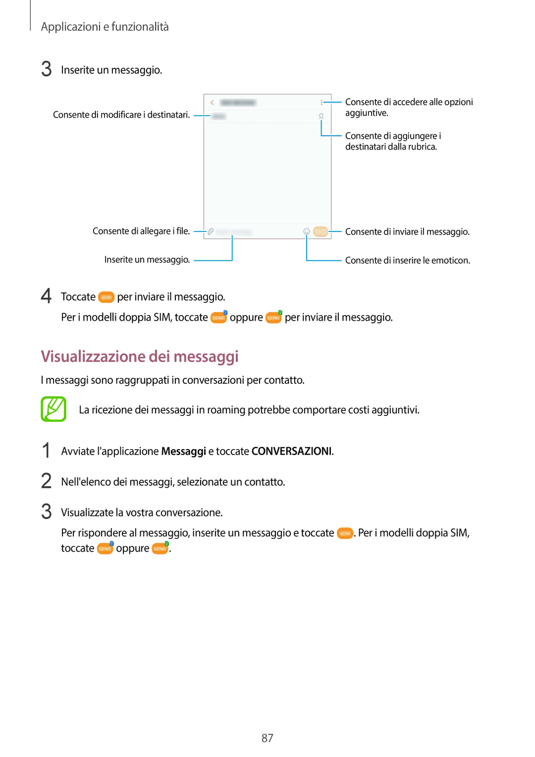 Samsung SM-G950FZKAITV, SM-G955FZSAITV, SM-G955FZVAITV, SM-G950FZSAITV Visualizzazione dei messaggi, Inserite un messaggio 