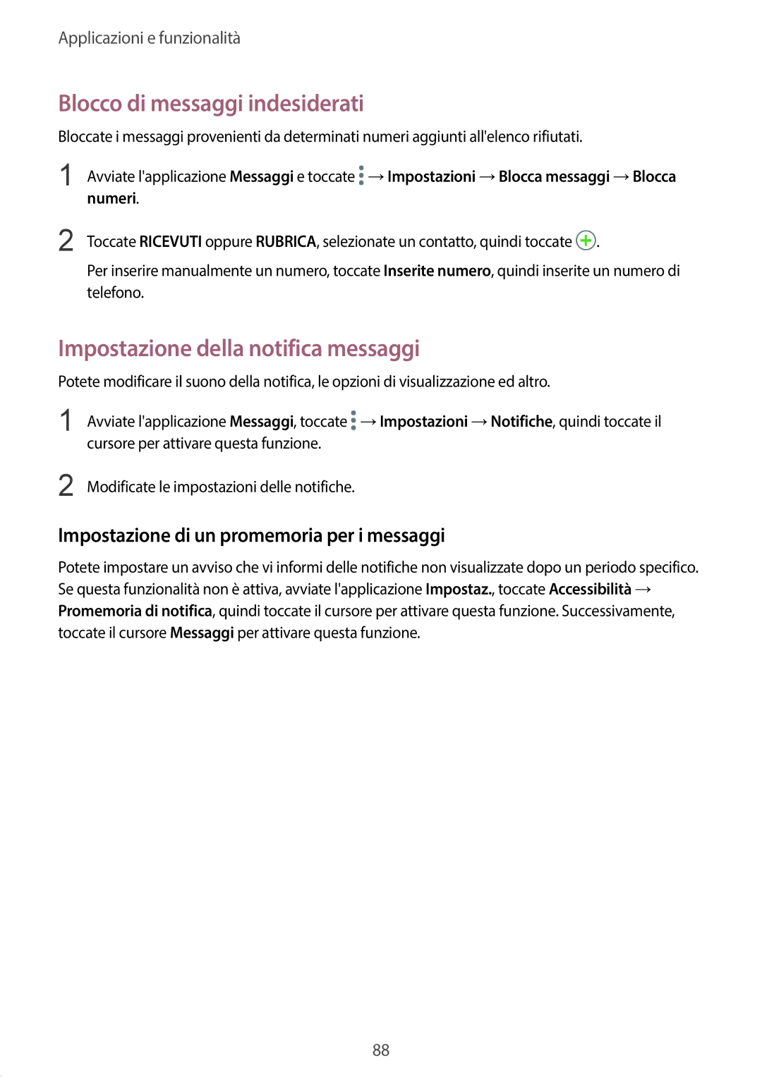 Samsung SM-G955FZKAITV, SM-G955FZSAITV manual Blocco di messaggi indesiderati, Impostazione della notifica messaggi, Numeri 