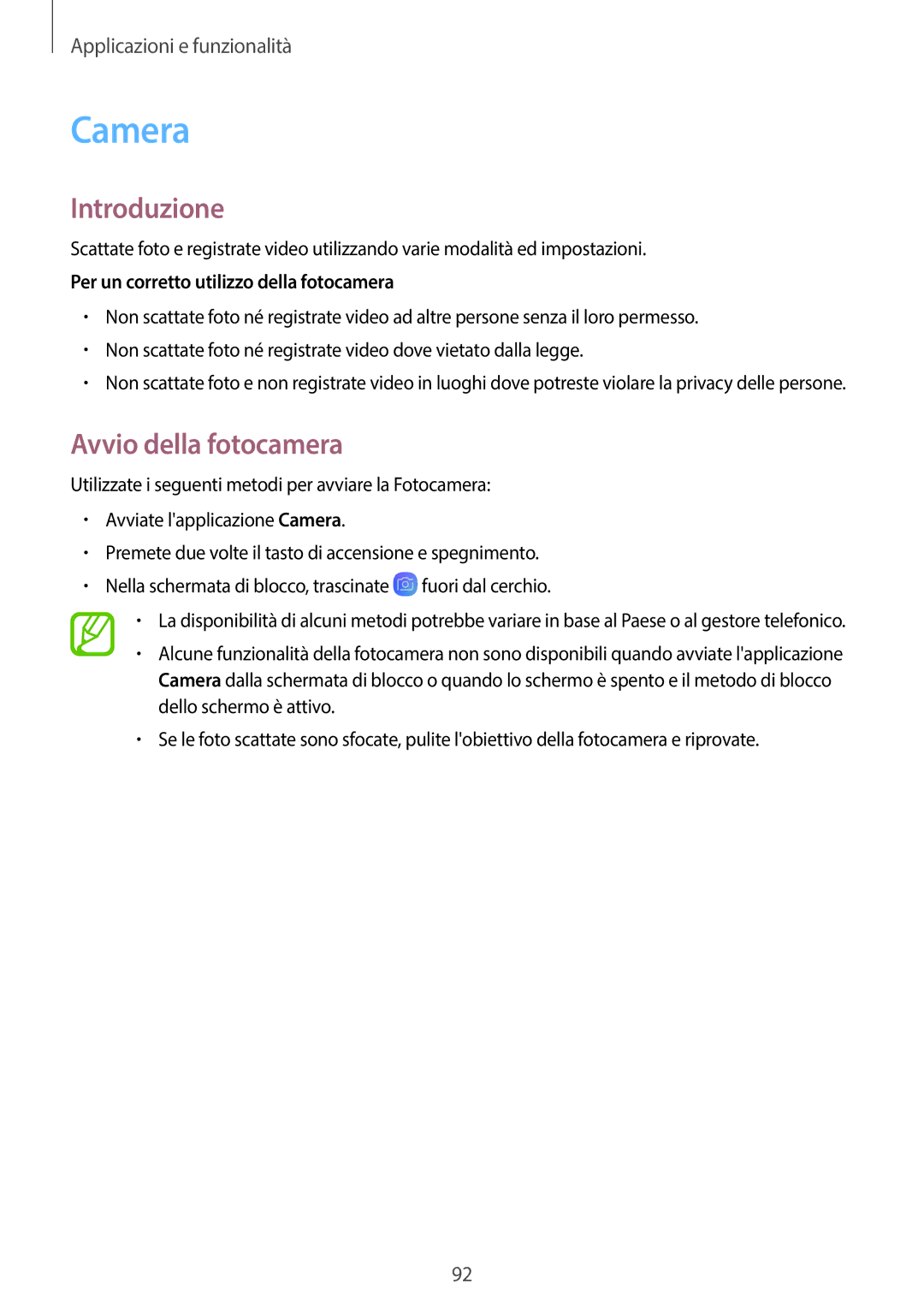 Samsung SM-G950FZSAITV, SM-G955FZSAITV manual Camera, Avvio della fotocamera, Per un corretto utilizzo della fotocamera 