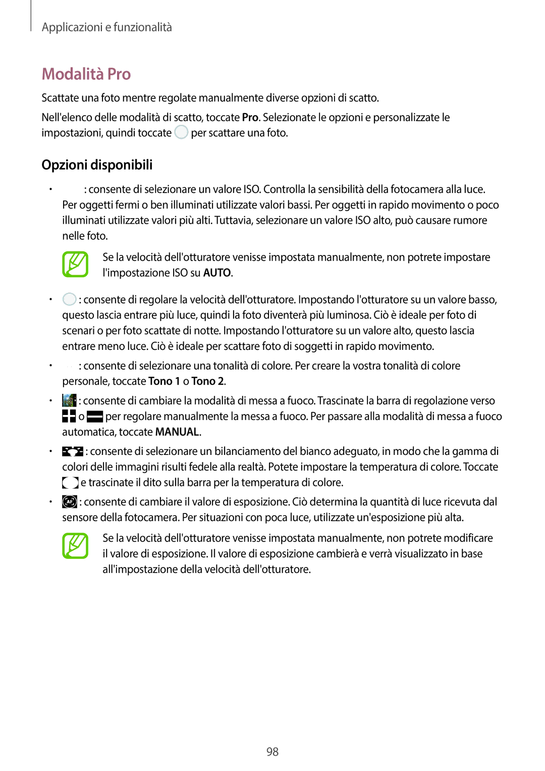 Samsung SM-G950FZSAITV, SM-G955FZSAITV, SM-G955FZVAITV, SM-G950FZKAITV, SM-G955FZKAITV manual Modalità Pro, Opzioni disponibili 