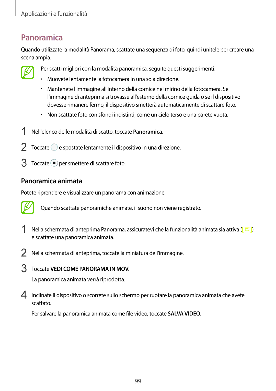 Samsung SM-G950FZKAITV, SM-G955FZSAITV, SM-G955FZVAITV manual Panoramica animata, Toccate Vedi Come Panorama in MOV 