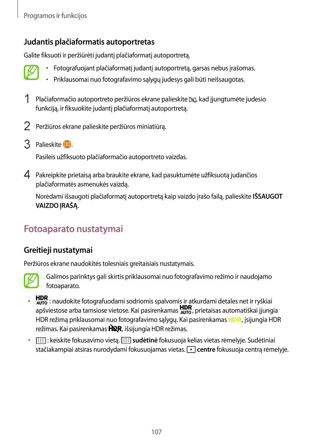 Samsung SM-G955FZVASEB, SM-G955FZSASEB Fotoaparato nustatymai, Judantis plačiaformatis autoportretas, Greitieji nustatymai 