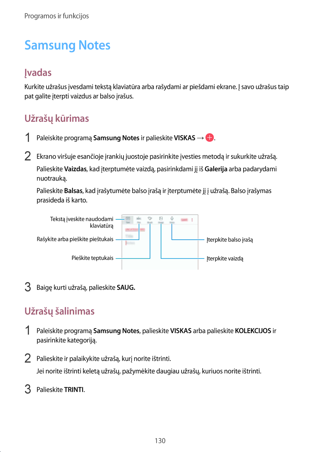 Samsung SM-G950FZVASEB, SM-G955FZSASEB, SM-G950FZSASEB, SM-G955FZVASEB manual Samsung Notes, Užrašų kūrimas, Užrašų šalinimas 