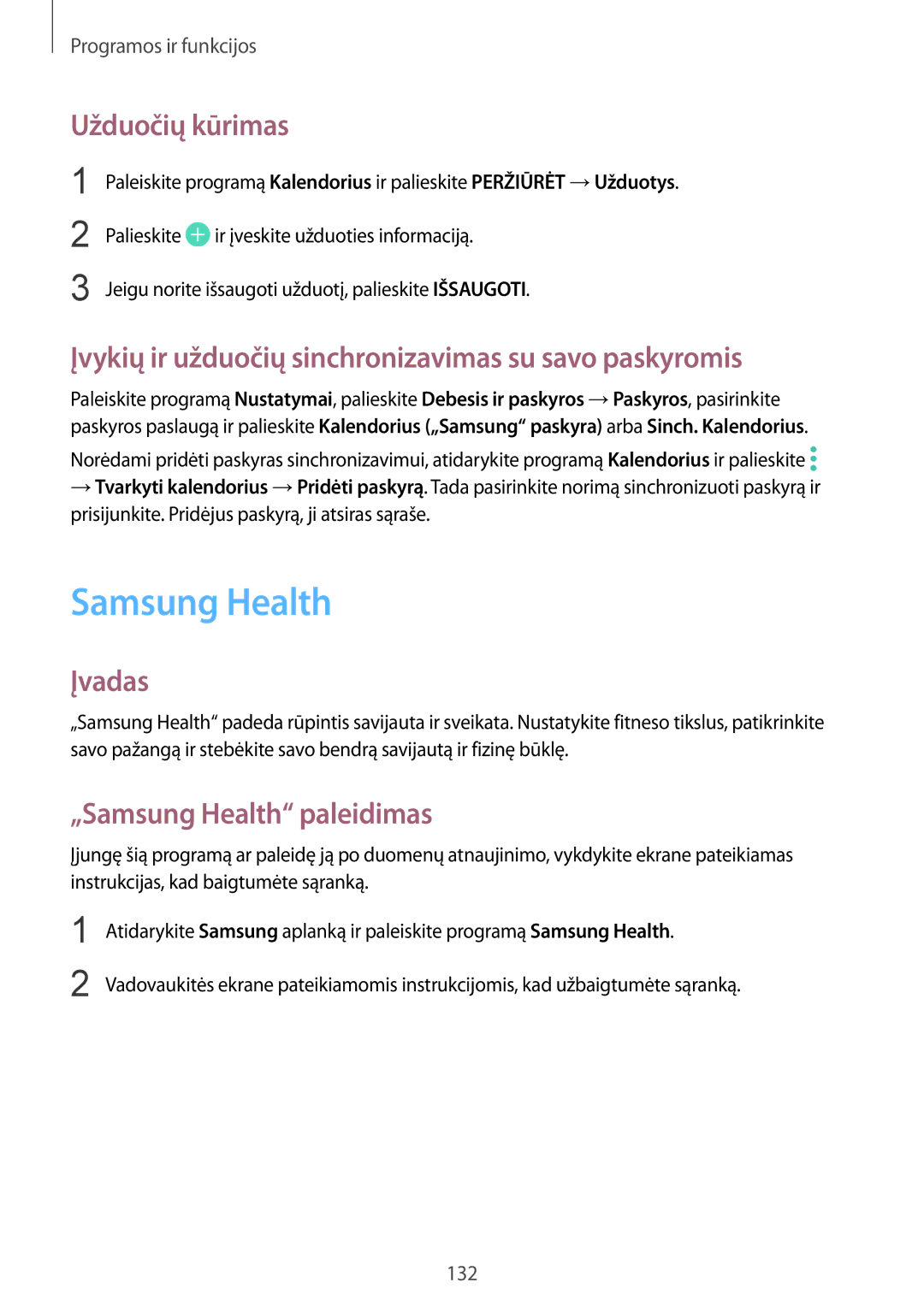 Samsung SM-G950FZKASEB manual Samsung Health, Užduočių kūrimas, Įvykių ir užduočių sinchronizavimas su savo paskyromis 