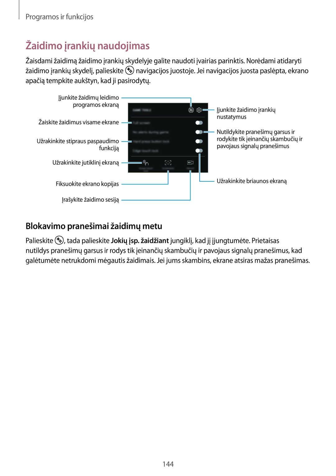 Samsung SM-G950FZVASEB, SM-G955FZSASEB, SM-G950FZSASEB manual Žaidimo įrankių naudojimas, Blokavimo pranešimai žaidimų metu 