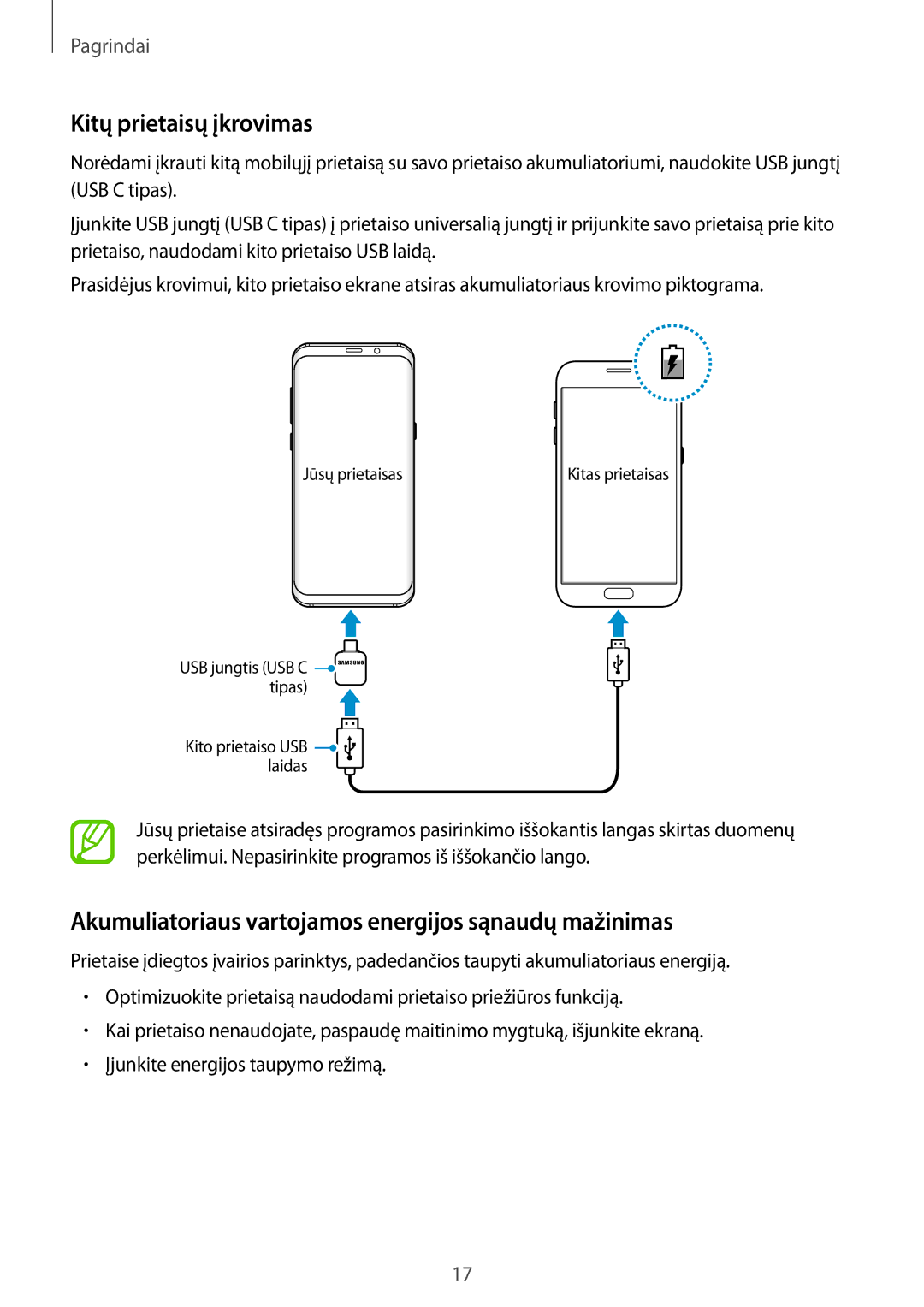 Samsung SM-G955FZKASEB, SM-G955FZSASEB Kitų prietaisų įkrovimas, Akumuliatoriaus vartojamos energijos sąnaudų mažinimas 