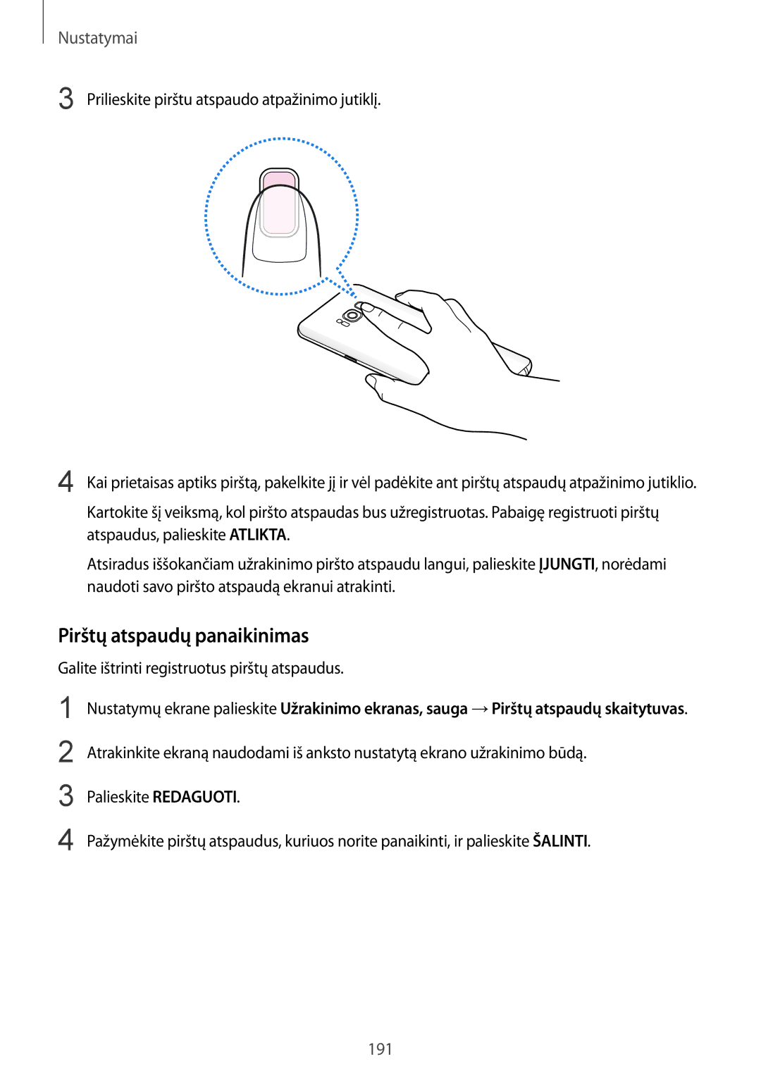 Samsung SM-G955FZVASEB, SM-G955FZSASEB manual Pirštų atspaudų panaikinimas, Galite ištrinti registruotus pirštų atspaudus 