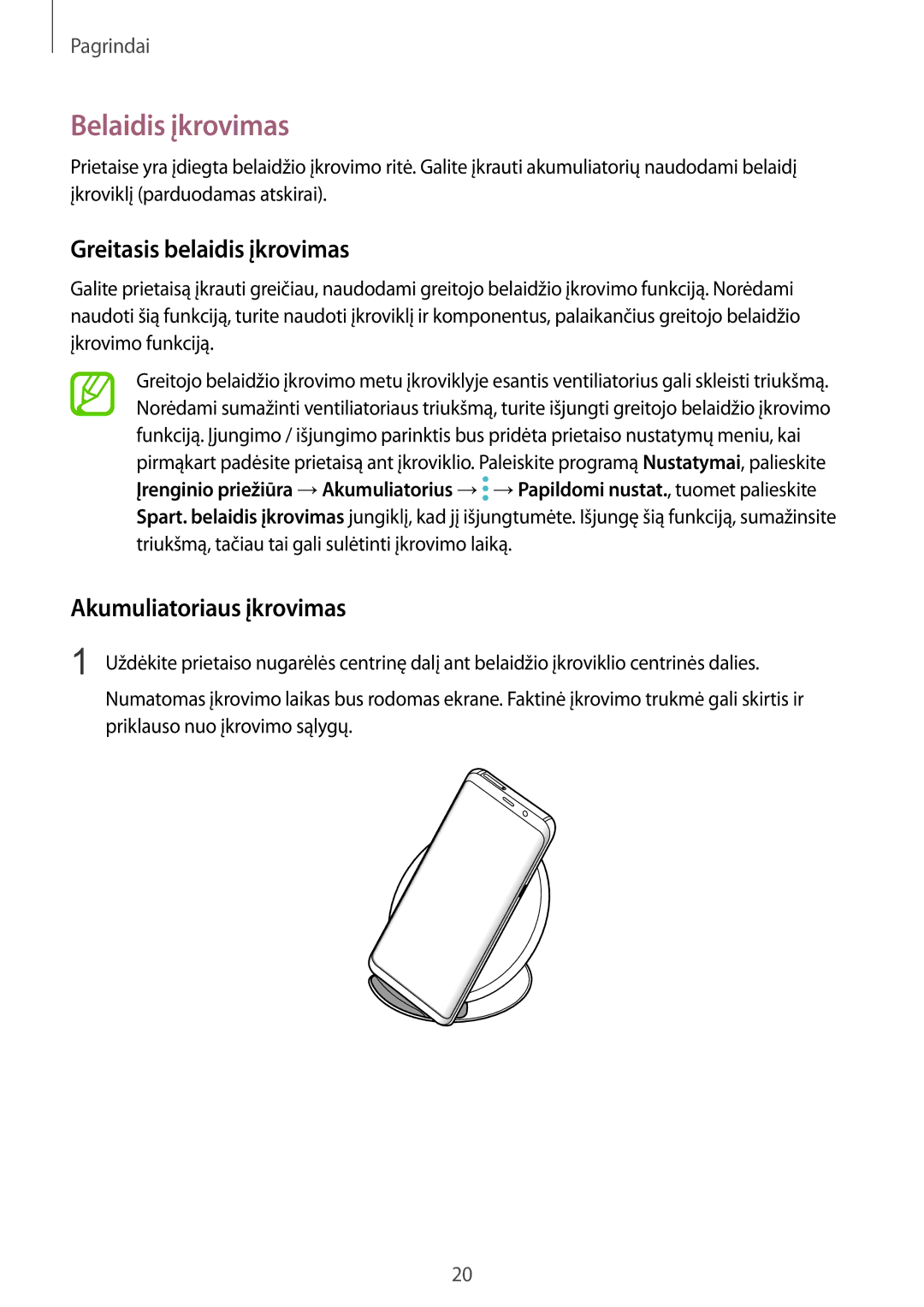 Samsung SM-G950FZKASEB, SM-G955FZSASEB manual Belaidis įkrovimas, Greitasis belaidis įkrovimas, Akumuliatoriaus įkrovimas 