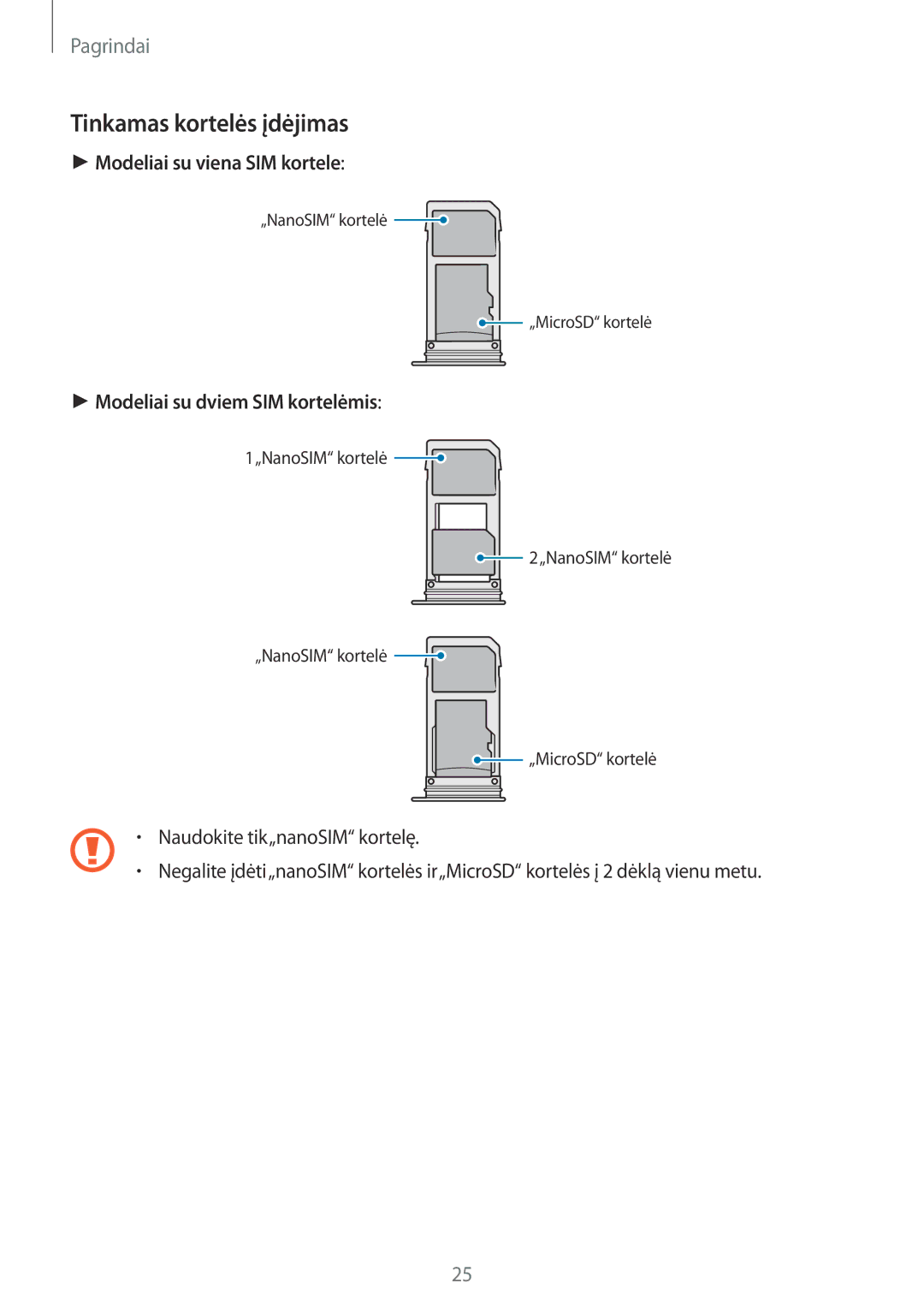 Samsung SM-G950FZVASEB, SM-G955FZSASEB, SM-G950FZSASEB manual Tinkamas kortelės įdėjimas, Modeliai su viena SIM kortele 