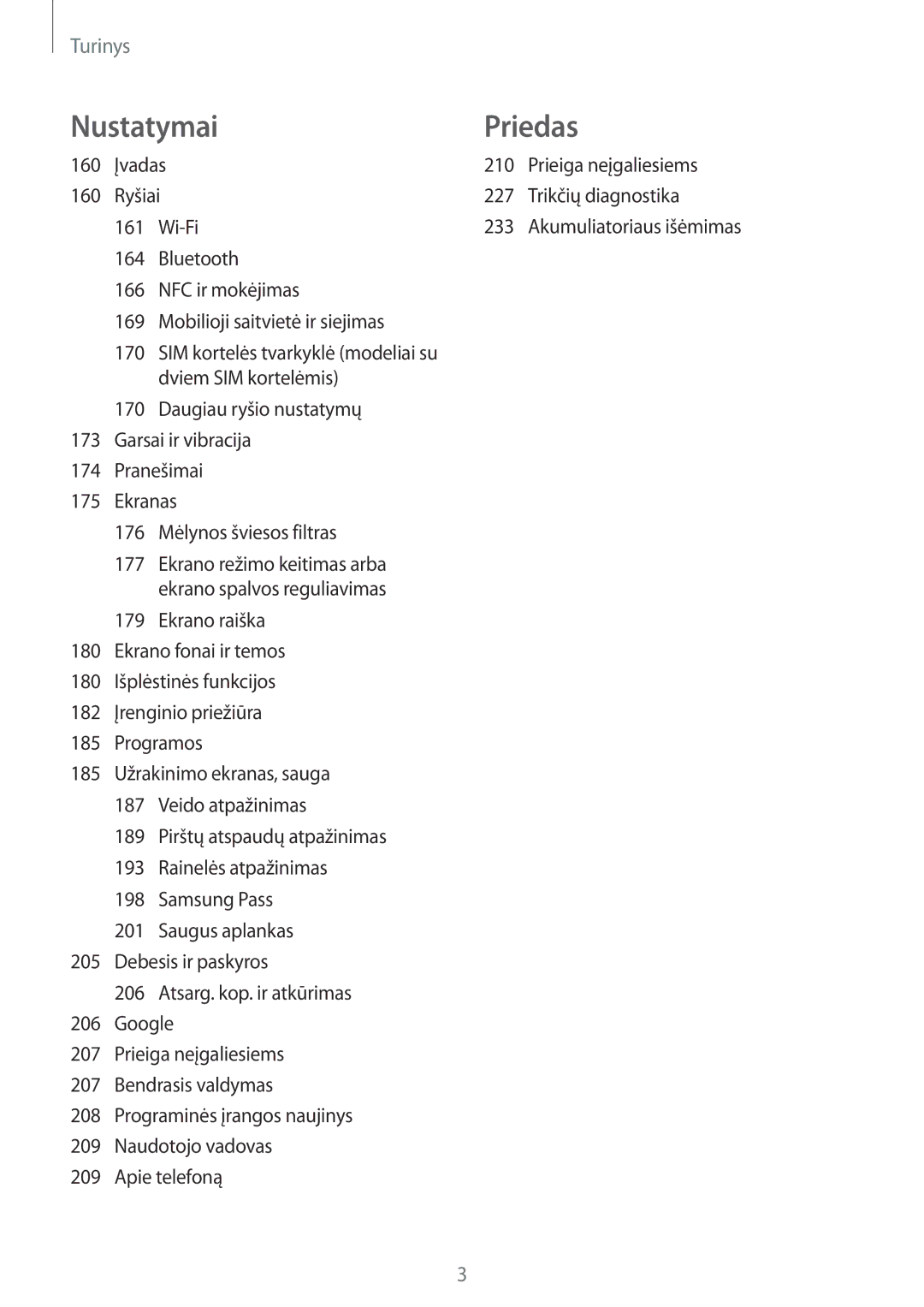 Samsung SM-G955FZKASEB, SM-G955FZSASEB manual Įvadas 210 Prieiga neįgaliesiems, Ryšiai 227 Trikčių diagnostika 161 Wi-Fi 233 