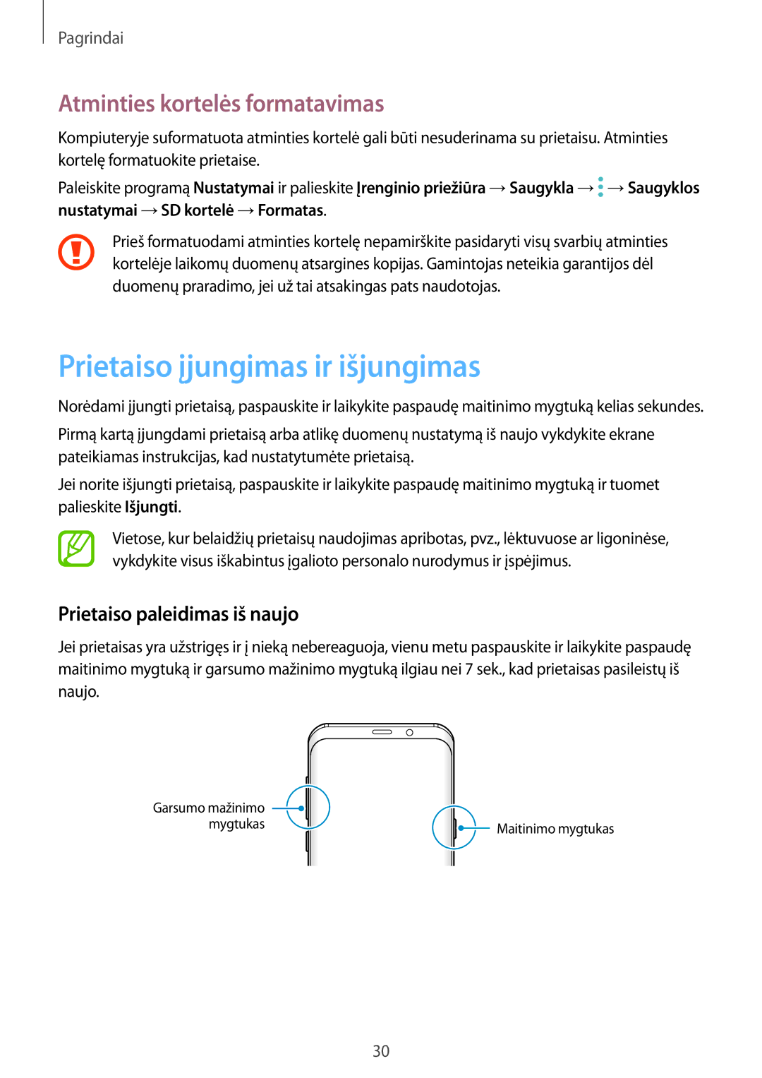 Samsung SM-G955FZVASEB Prietaiso įjungimas ir išjungimas, Atminties kortelės formatavimas, Prietaiso paleidimas iš naujo 