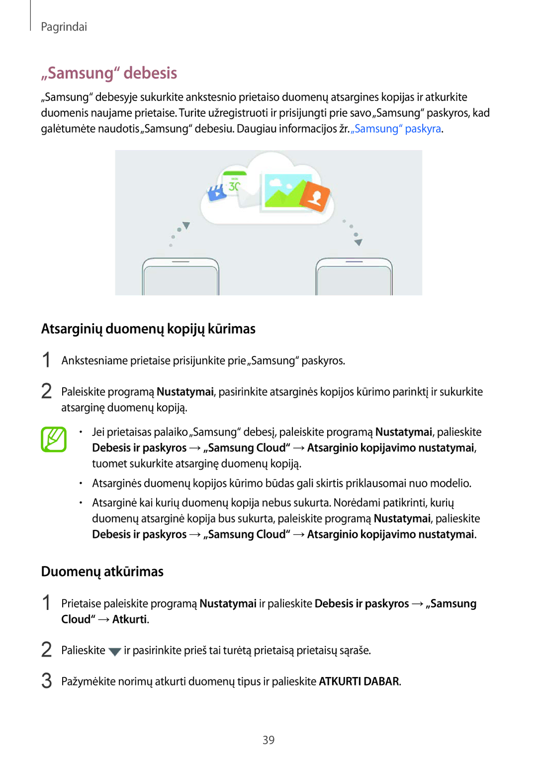 Samsung SM-G950FZVASEB, SM-G955FZSASEB manual „Samsung debesis, Atsarginių duomenų kopijų kūrimas, Duomenų atkūrimas 