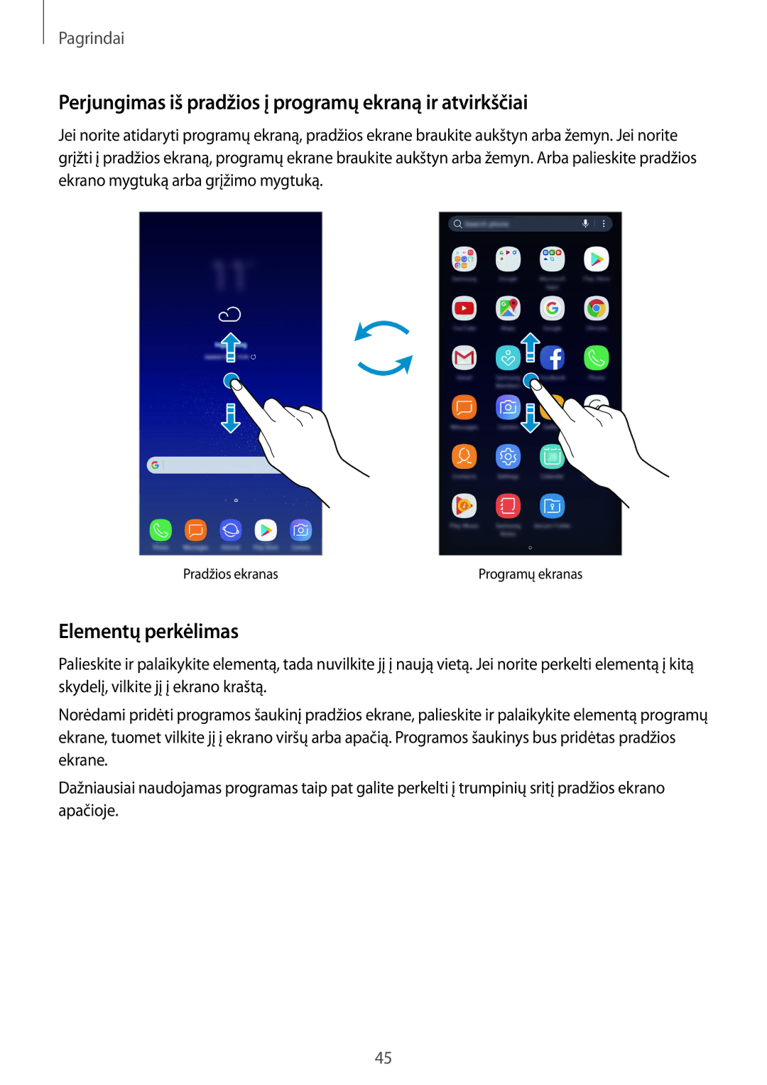 Samsung SM-G955FZKASEB, SM-G955FZSASEB manual Perjungimas iš pradžios į programų ekraną ir atvirkščiai, Elementų perkėlimas 
