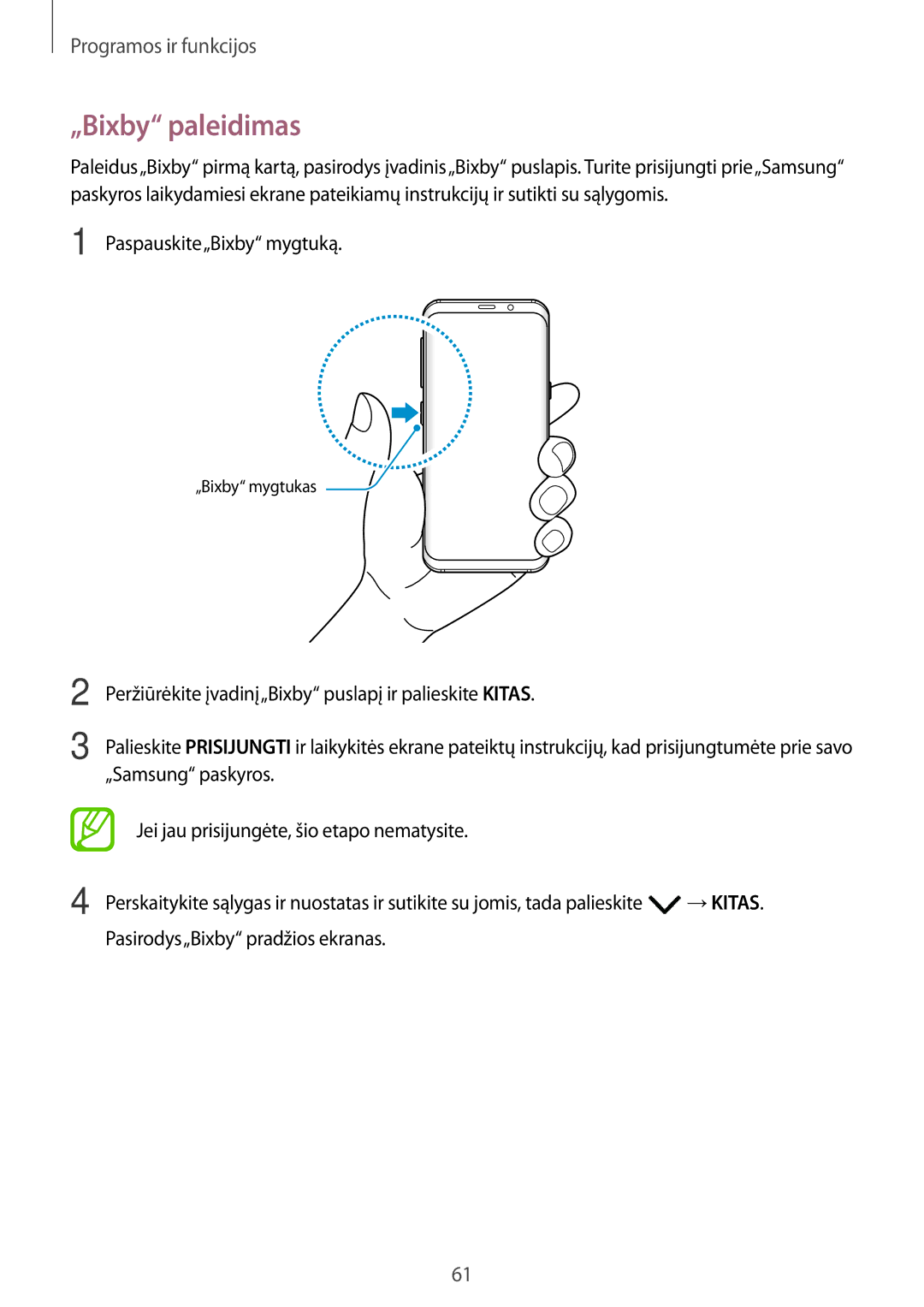 Samsung SM-G950FZIASEB, SM-G955FZSASEB, SM-G950FZSASEB, SM-G955FZVASEB manual „Bixby paleidimas, Paspauskite„Bixby mygtuką 