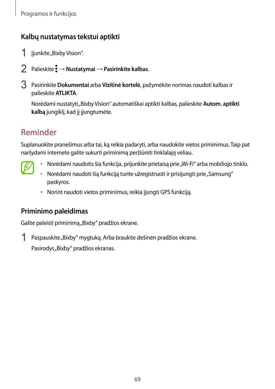 Samsung SM-G950FZKASEB manual Reminder, Kalbų nustatymas tekstui aptikti, Priminimo paleidimas, Įjunkite„Bixby Vision 