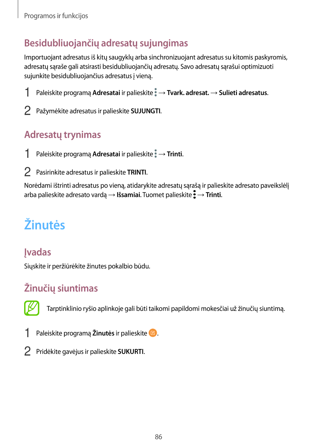 Samsung SM-G955FZVASEB manual Žinutės, Besidubliuojančių adresatų sujungimas, Adresatų trynimas, Žinučių siuntimas 