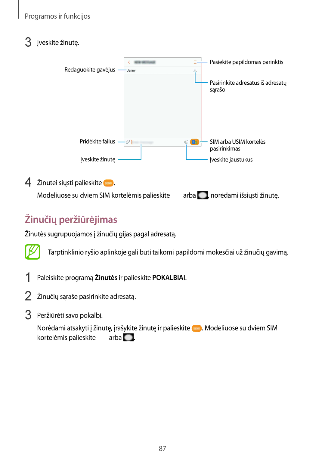 Samsung SM-G955FZKASEB, SM-G955FZSASEB manual Žinučių peržiūrėjimas, Įveskite žinutę, Žinučių sąraše pasirinkite adresatą 