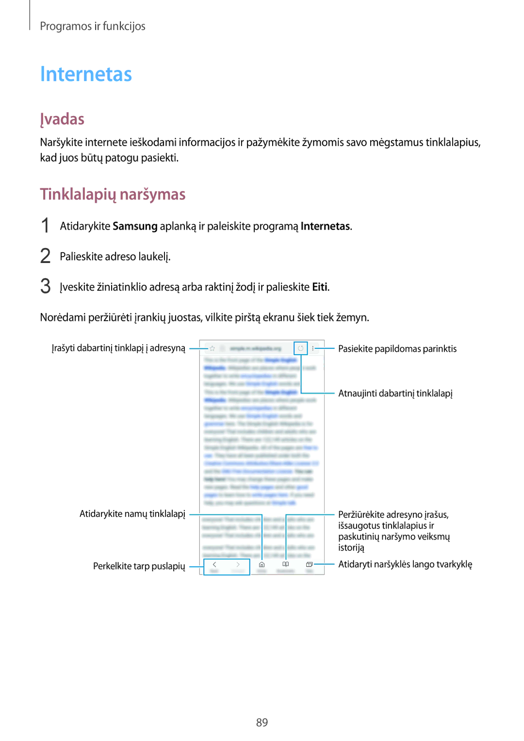 Samsung SM-G950FZIASEB, SM-G955FZSASEB, SM-G950FZSASEB, SM-G955FZVASEB, SM-G955FZKASEB manual Internetas, Tinklalapių naršymas 