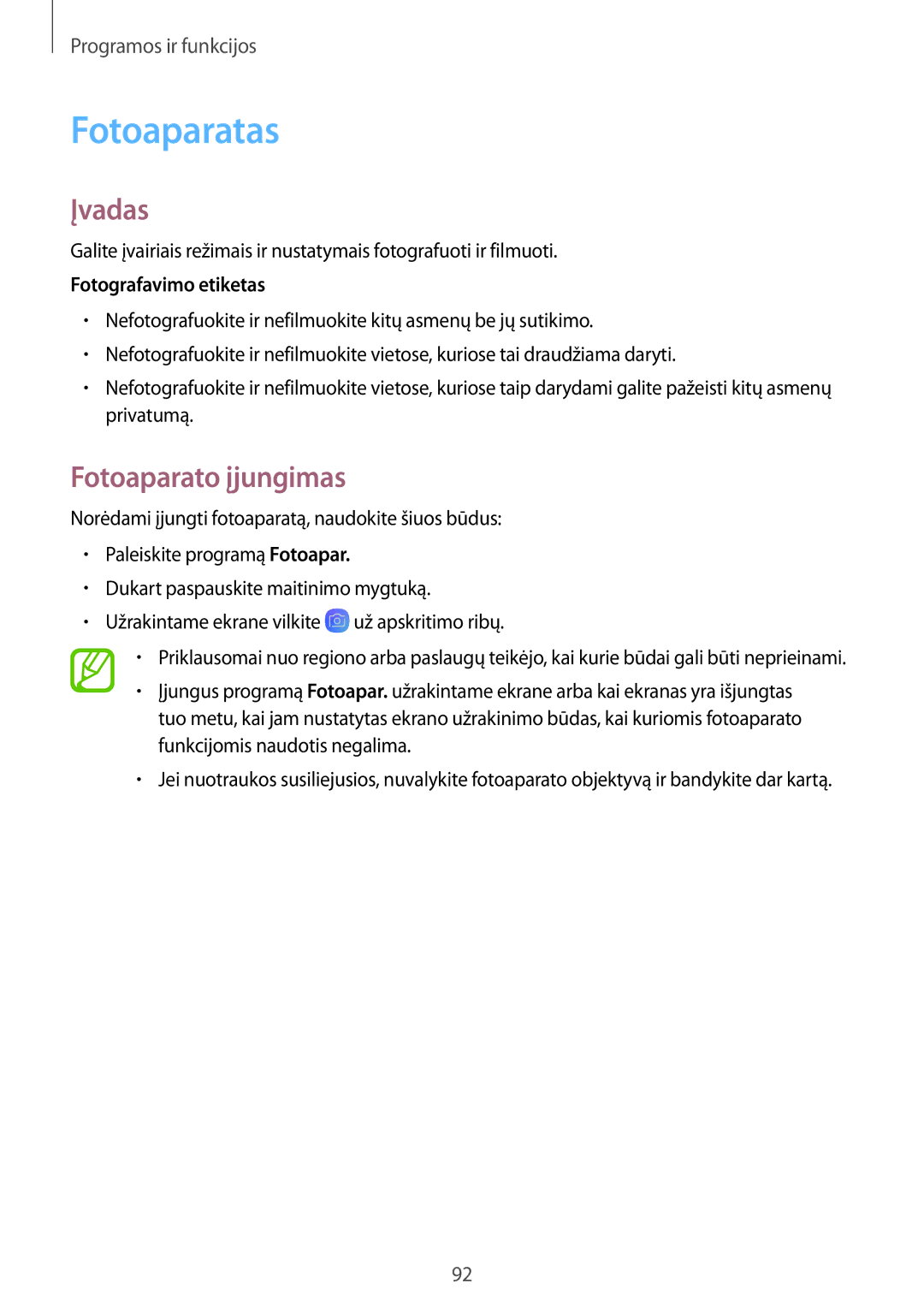 Samsung SM-G950FZSASEB, SM-G955FZSASEB, SM-G955FZVASEB manual Fotoaparatas, Fotoaparato įjungimas, Fotografavimo etiketas 