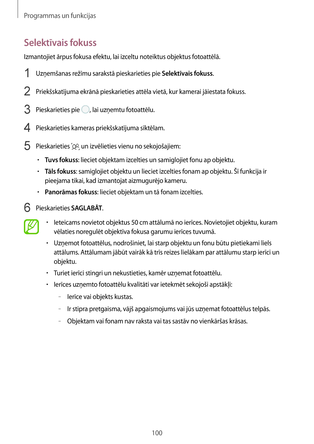 Samsung SM-G955FZVASEB, SM-G955FZSASEB, SM-G950FZSASEB, SM-G955FZKASEB, SM-G950FZVASEB, SM-G950FZIASEB manual Selektīvais fokuss 