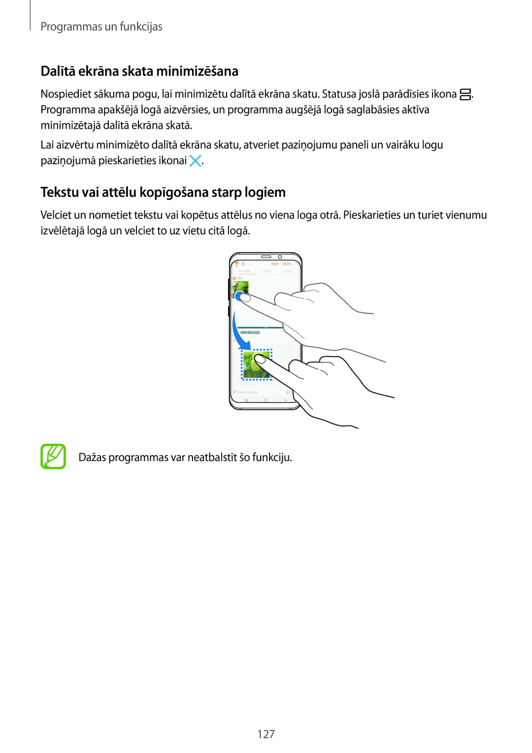 Samsung SM-G950FZSASEB, SM-G955FZSASEB manual Dalītā ekrāna skata minimizēšana, Tekstu vai attēlu kopīgošana starp logiem 