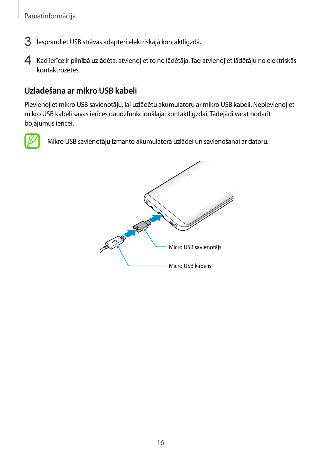 Samsung SM-G955FZVASEB, SM-G955FZSASEB, SM-G950FZSASEB, SM-G955FZKASEB, SM-G950FZVASEB manual Uzlādēšana ar mikro USB kabeli 