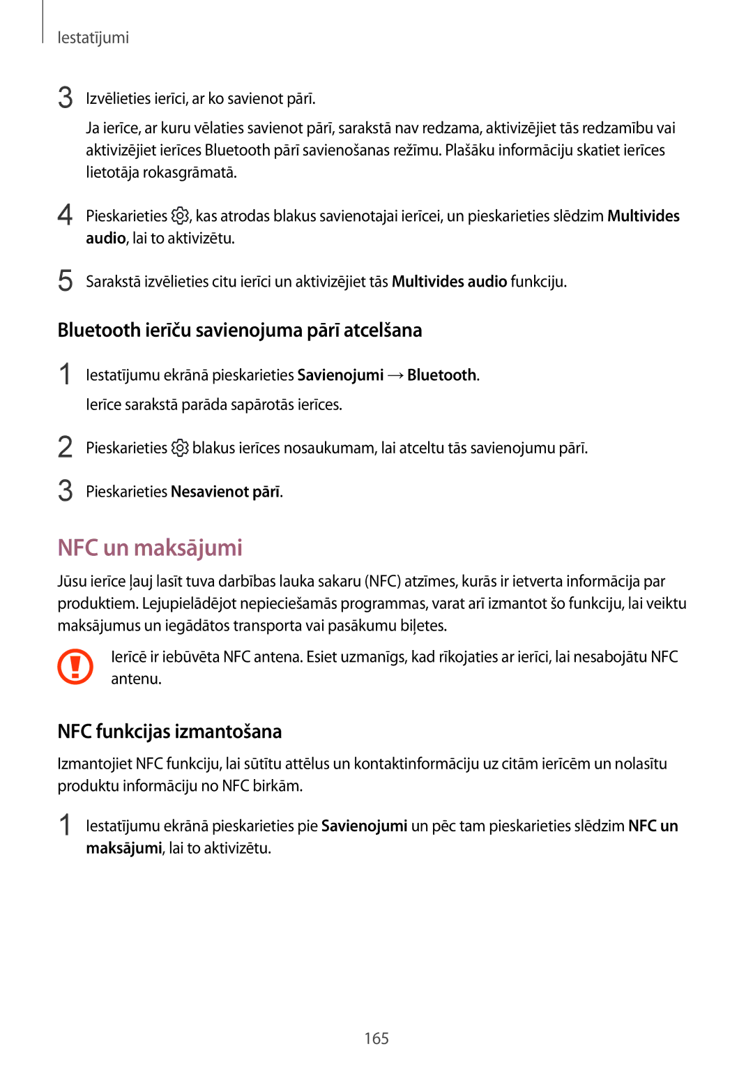 Samsung SM-G950FZVASEB manual NFC un maksājumi, Bluetooth ierīču savienojuma pārī atcelšana, NFC funkcijas izmantošana 
