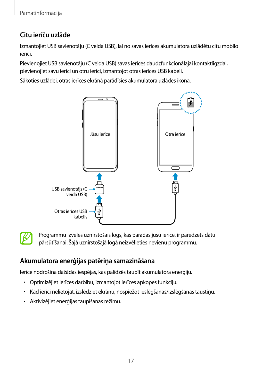 Samsung SM-G955FZKASEB, SM-G955FZSASEB, SM-G950FZSASEB manual Citu ierīču uzlāde, Akumulatora enerģijas patēriņa samazināšana 