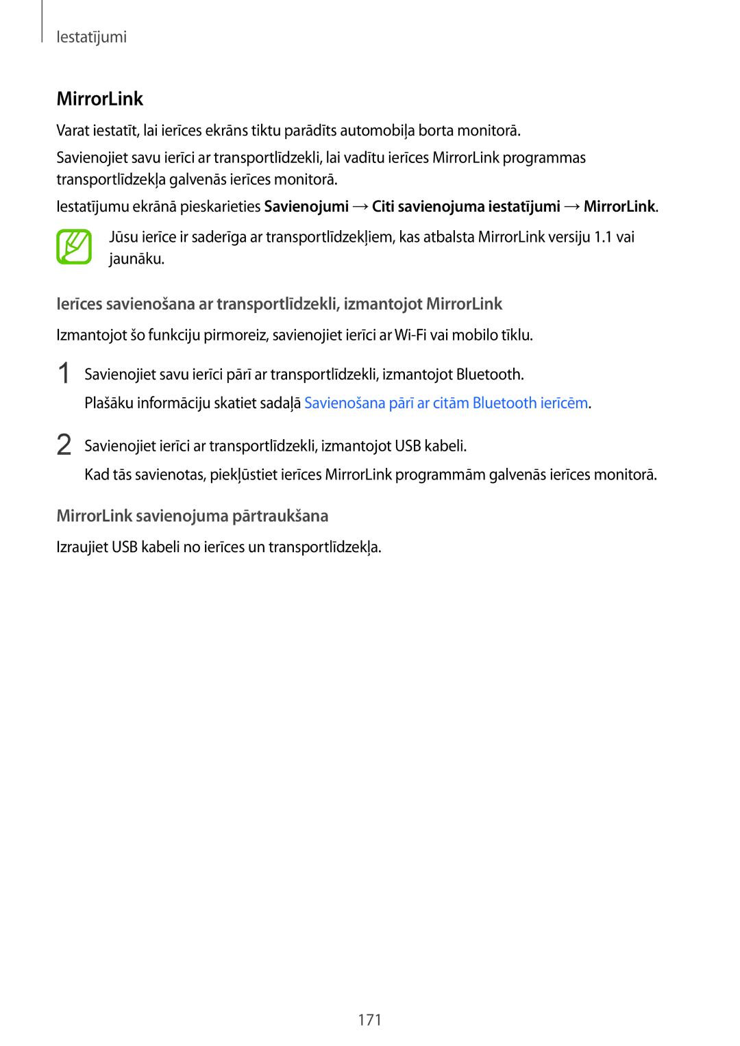 Samsung SM-G955FZKASEB manual MirrorLink savienojuma pārtraukšana, Izraujiet USB kabeli no ierīces un transportlīdzekļa 