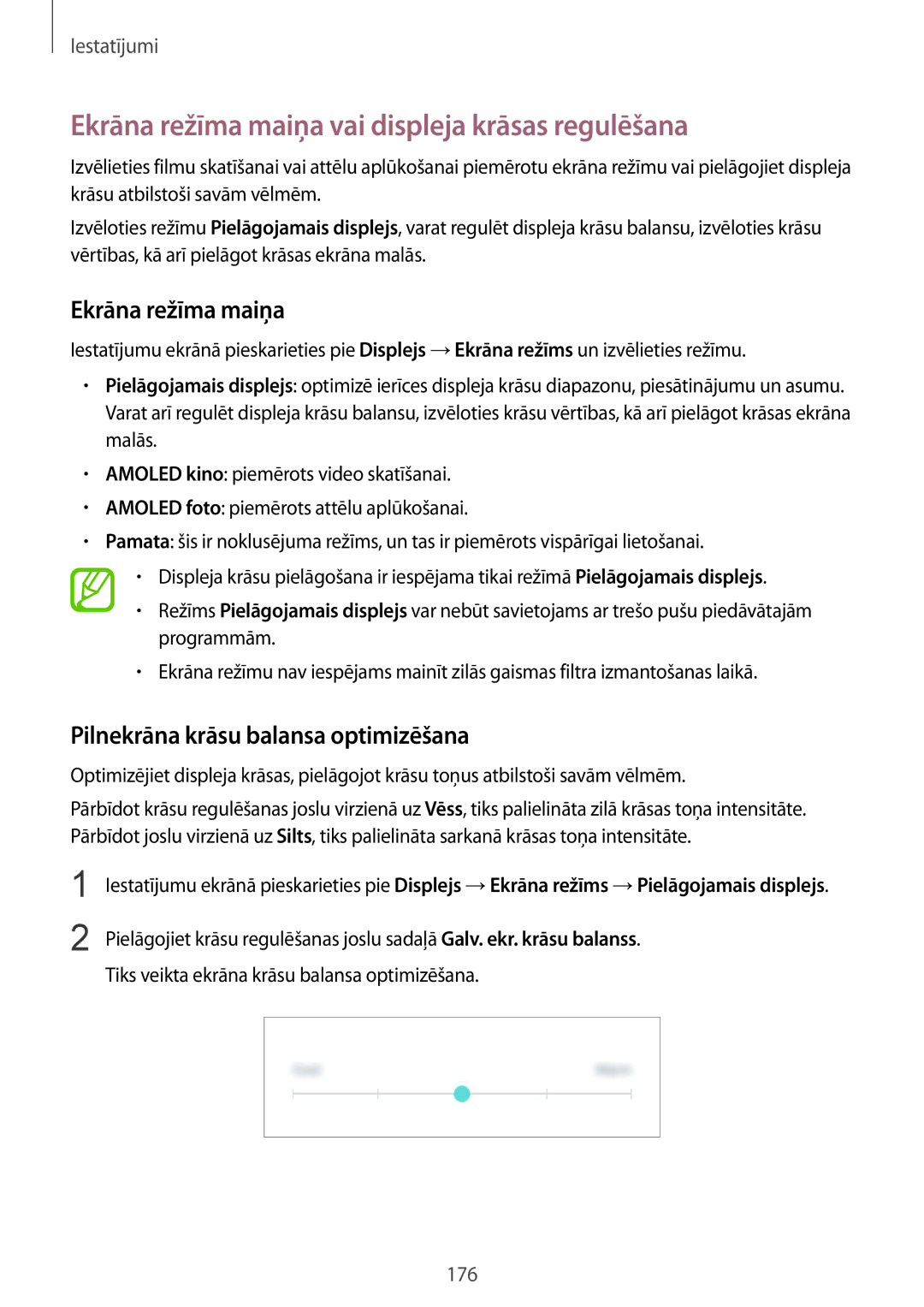 Samsung SM-G950FZSASEB manual Ekrāna režīma maiņa vai displeja krāsas regulēšana, Pilnekrāna krāsu balansa optimizēšana 