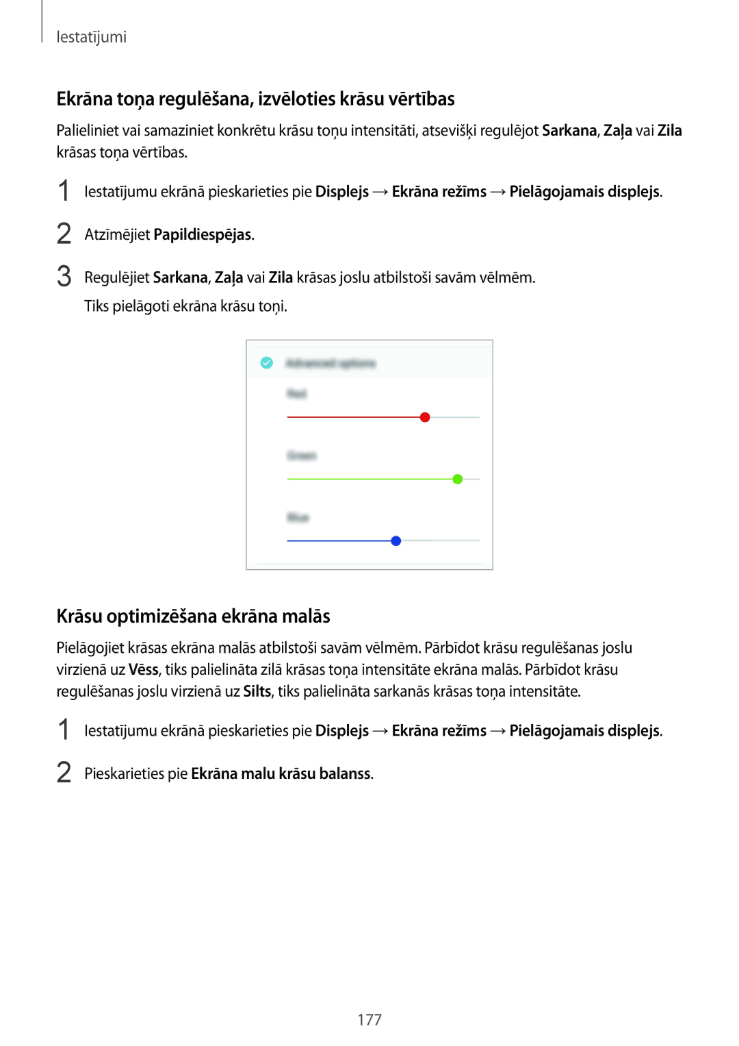 Samsung SM-G955FZVASEB, SM-G955FZSASEB Ekrāna toņa regulēšana, izvēloties krāsu vērtības, Krāsu optimizēšana ekrāna malās 