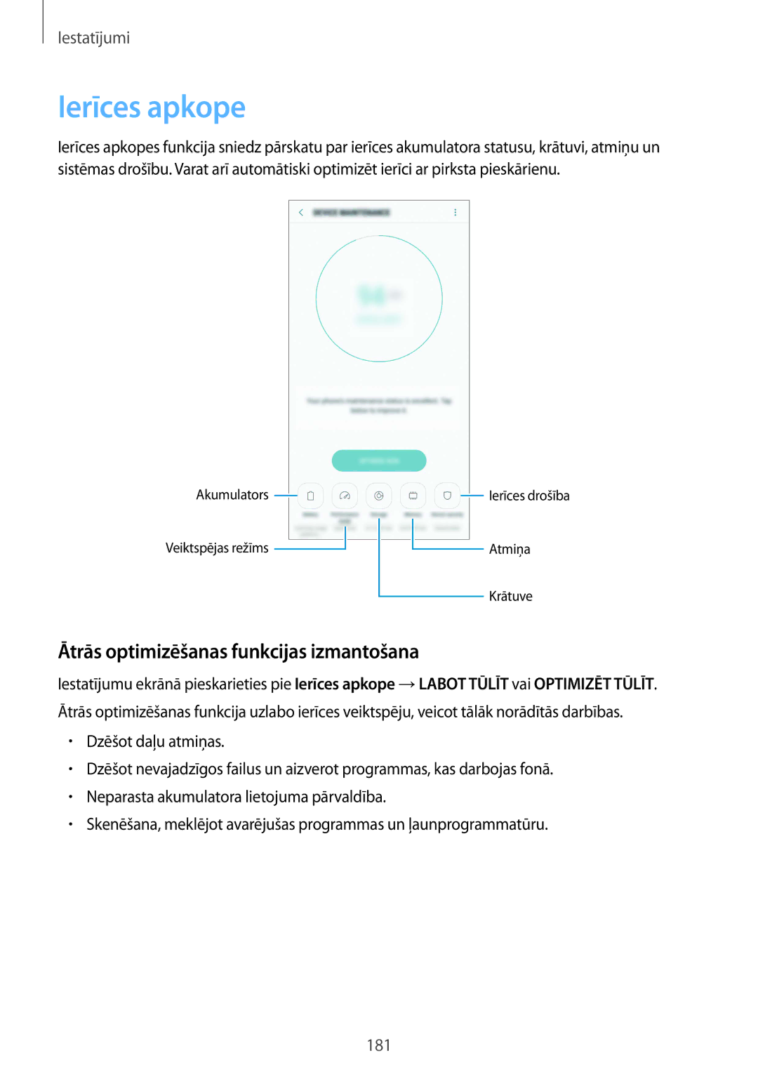 Samsung SM-G950FZKASEB, SM-G955FZSASEB, SM-G950FZSASEB manual Ierīces apkope, Ātrās optimizēšanas funkcijas izmantošana 