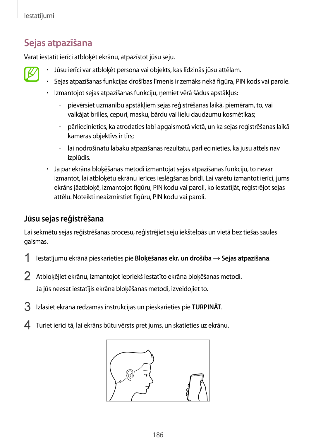 Samsung SM-G950FZVASEB, SM-G955FZSASEB, SM-G950FZSASEB, SM-G955FZVASEB manual Sejas atpazīšana, Jūsu sejas reģistrēšana 